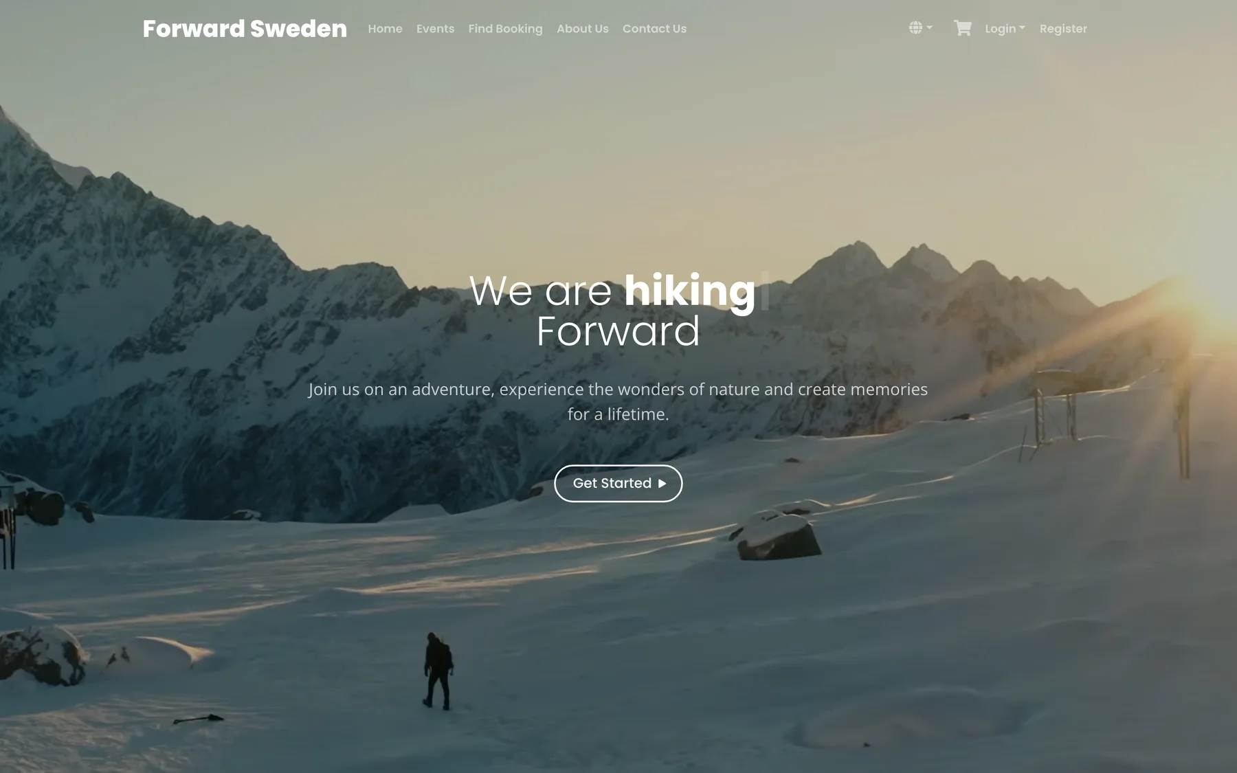 Forward Sweden website: a lone hiker crossing a snowy mountain valley at sunrise under the words ‘We are hiking Forward’