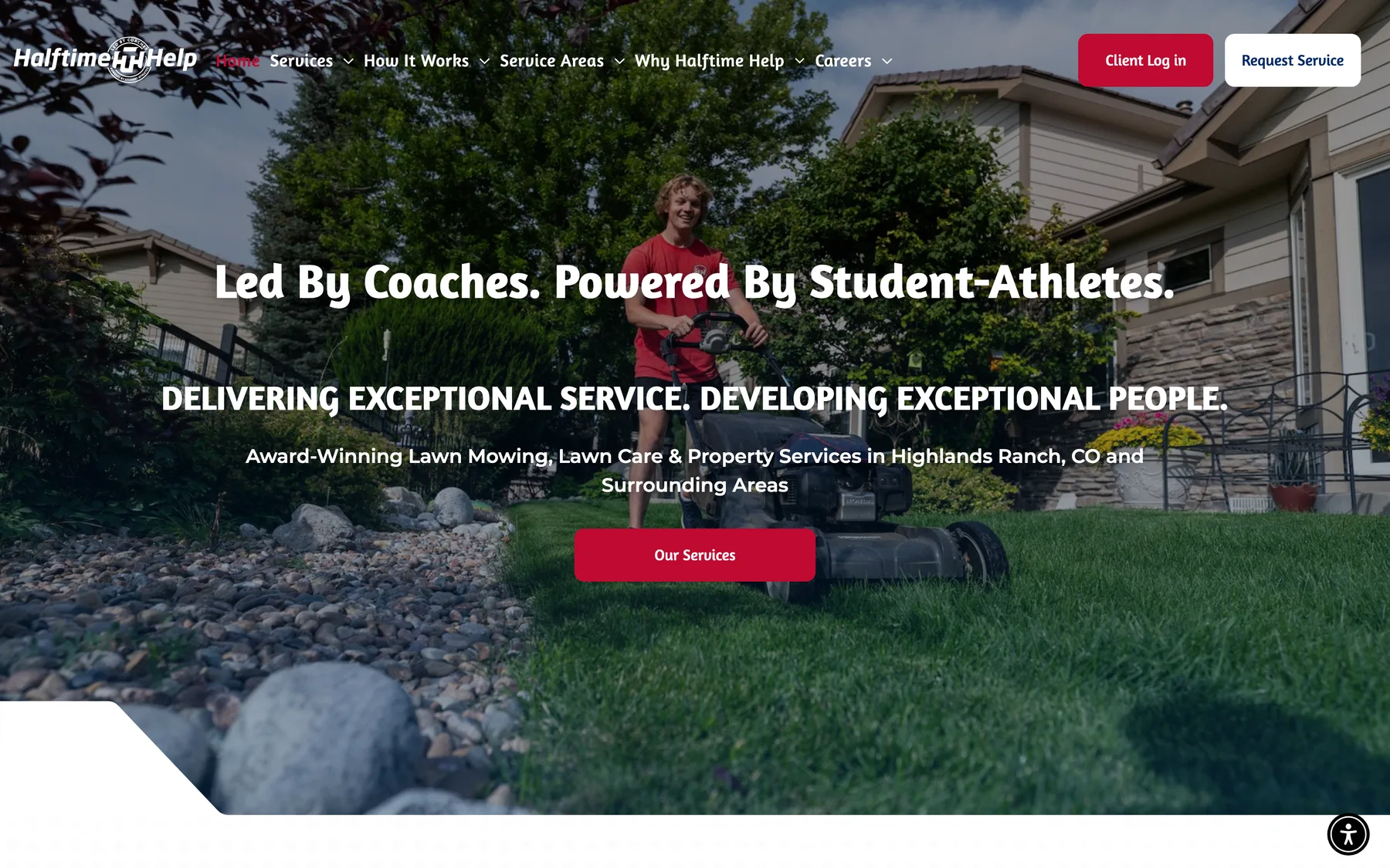 Halftime Help website: a student-athlete mowing a lawn under the headline ‘Led by coaches. Powered by student-athletes.’