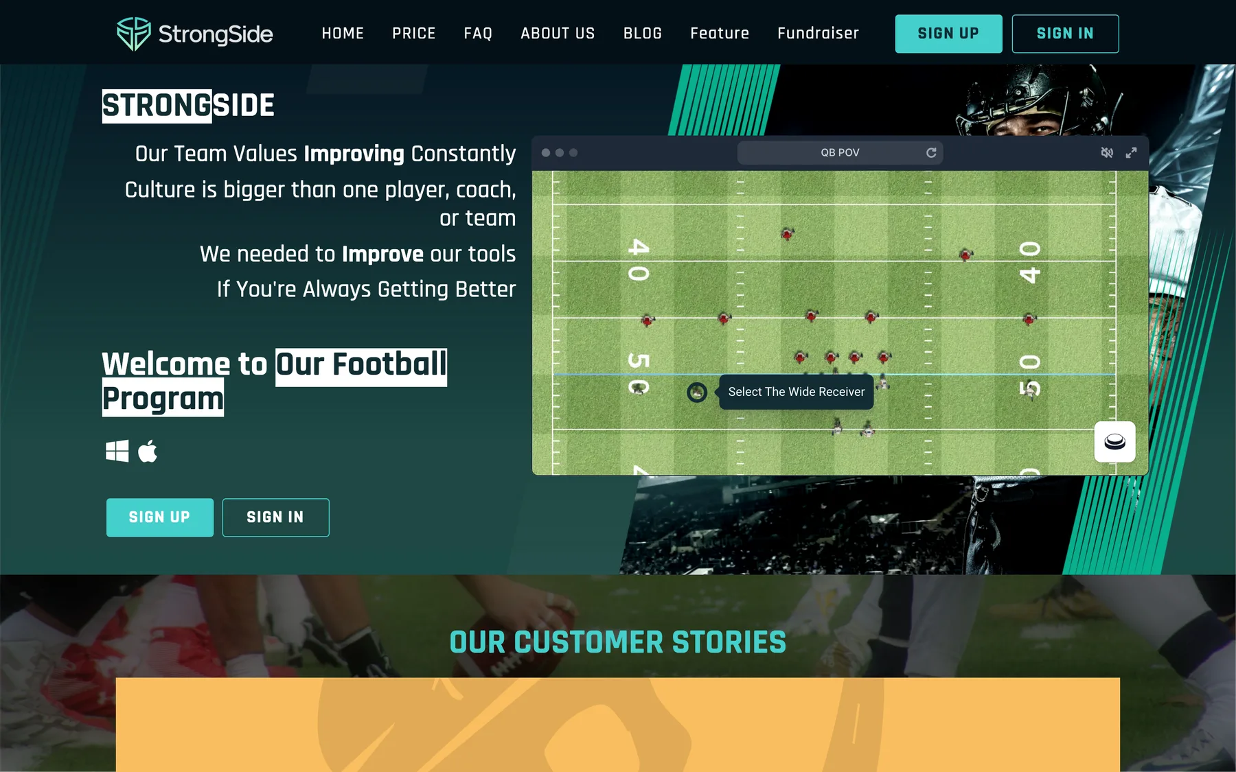 StrongSide web app with an interactive 3D football playbook demo next to the headline ‘Welcome to our football program’
